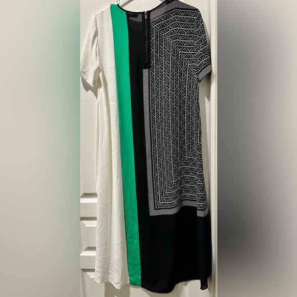BCBGMaxAzria Adeline Asymmetrical Color Block Geo Print Midi Scarf Dress - Picture 6 of 9